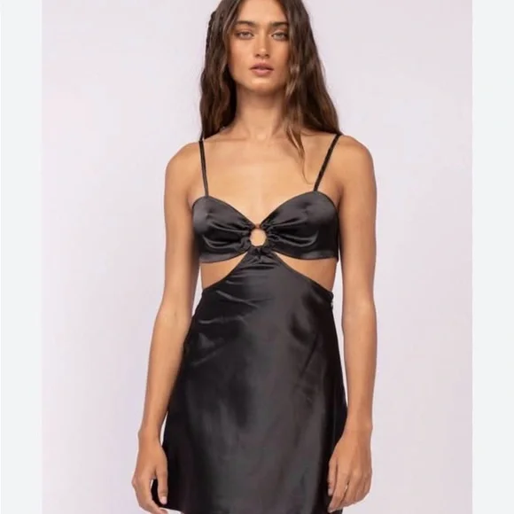 Zara Sleek Black Satin Cutout Mini Dress - Picture 1 of 3
